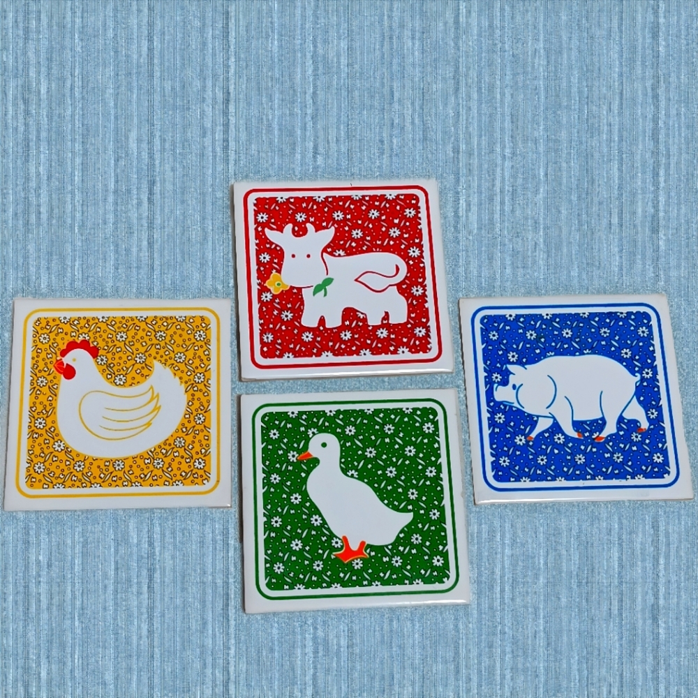 Vintage ceramic tile trivets/ coasters/decor  colorful farm animals